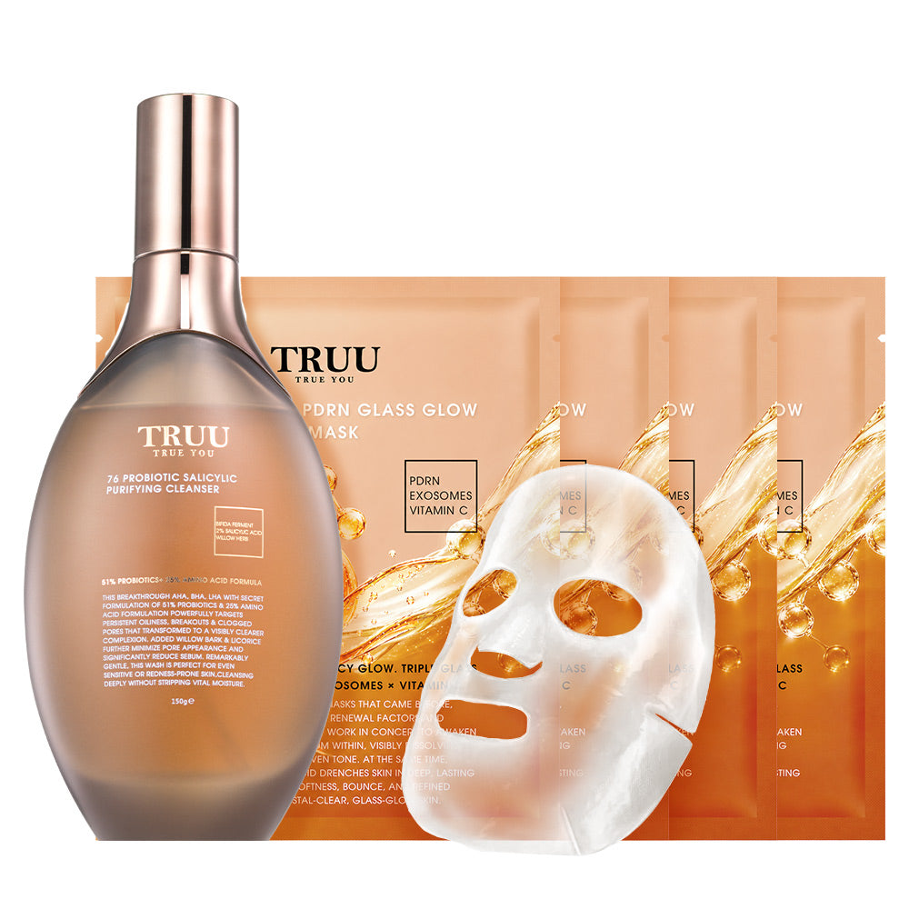 TRUU Super Exo-C PDRN Glass Glow 30min Repair Mask x4 + (76 Amino Purifying Cleanser / 76 Salicylic Purifying Cleanser) Pick one | (Preorder End Sep)