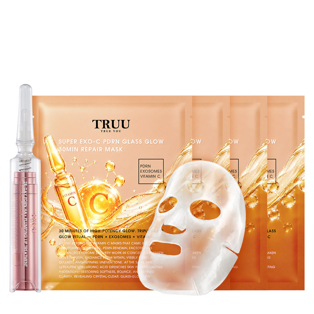 TRUU Super Exo-C PDRN Glass Glow 30min Repair Mask x4 + 28-Day PDRN HA+ Plumping Lip Treatment | (Preorder End Sep)