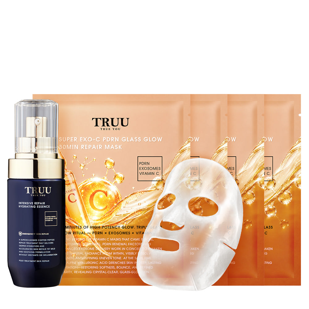 TRUU Super Exo-C PDRN Glass Glow 30min Repair Mask x4 + (Pro Perfection Repair Essence / Copper Peptide Hyaluronic Hydrating Repair Essence) Pick one | (Preorder End Sep)