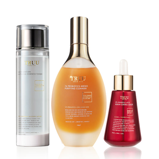 TRUU Snow Gentian Whitening Essence Toner + 5% Mandelic Acid Sebum Control Serum + 76 Cleanser