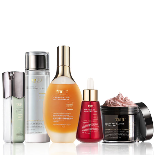 TRUU 5% Mandelic Acid Sebum Control Serum + 99 Balancing Cream + 76 Cleanser + Mud Mask + Whitening Toner