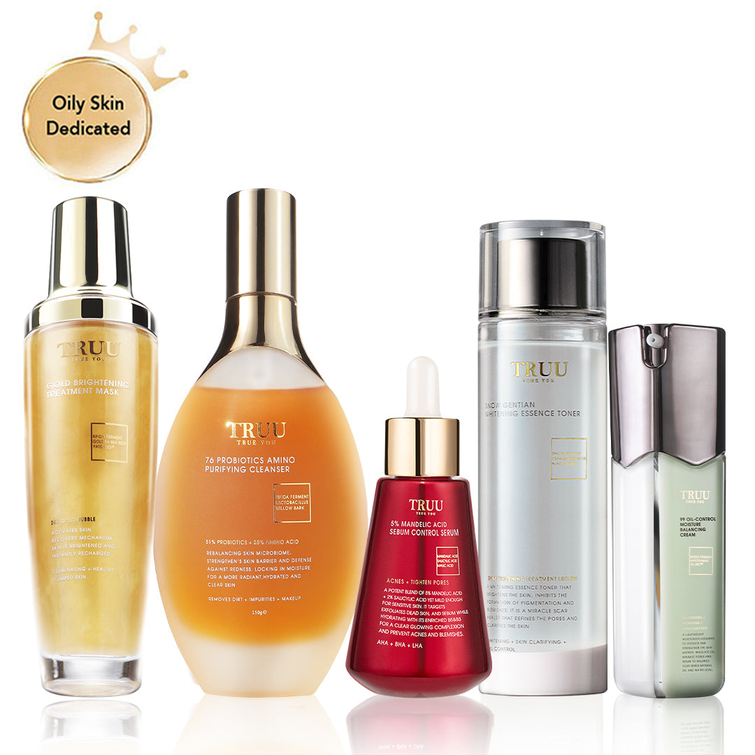 TRUU 76 Cleanser + Gold Mask + Whitening Essence Toner + 5% Mandelic Acid Sebum Control Serum + 99 Balancing Cream
