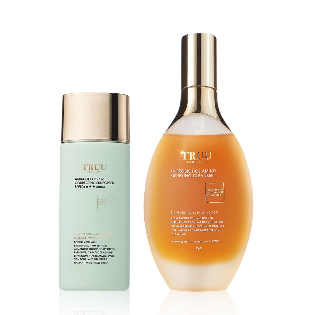 TRUU 76 Probiotics Amino Purifying Cleanser + Aqua Gel Color Correcting Sunscreen SPF50+★★★ (3 colors) -50ml