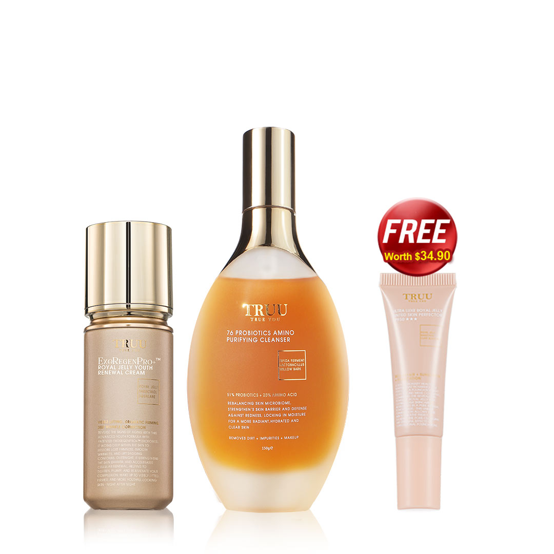 TRUU TRUU 76 Cleanser + (Royal Jelly Youth Renewal Cream / Copper Peptide Repair Essence / Rentinol Age-Renewal Lifting Cream) Pick one【FREE】Ultra Luxe Royal Jelly Tinted Skin Perfector SPF50 ★★★ 10ML
