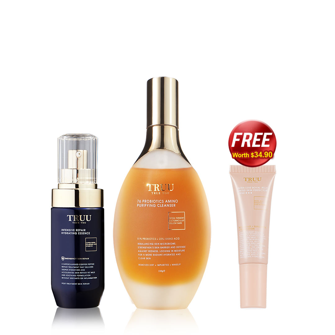 TRUU TRUU 76 Cleanser + (Royal Jelly Youth Renewal Cream / Copper Peptide Repair Essence / Rentinol Age-Renewal Lifting Cream) Pick one【FREE】Ultra Luxe Royal Jelly Tinted Skin Perfector SPF50 ★★★ 10ML