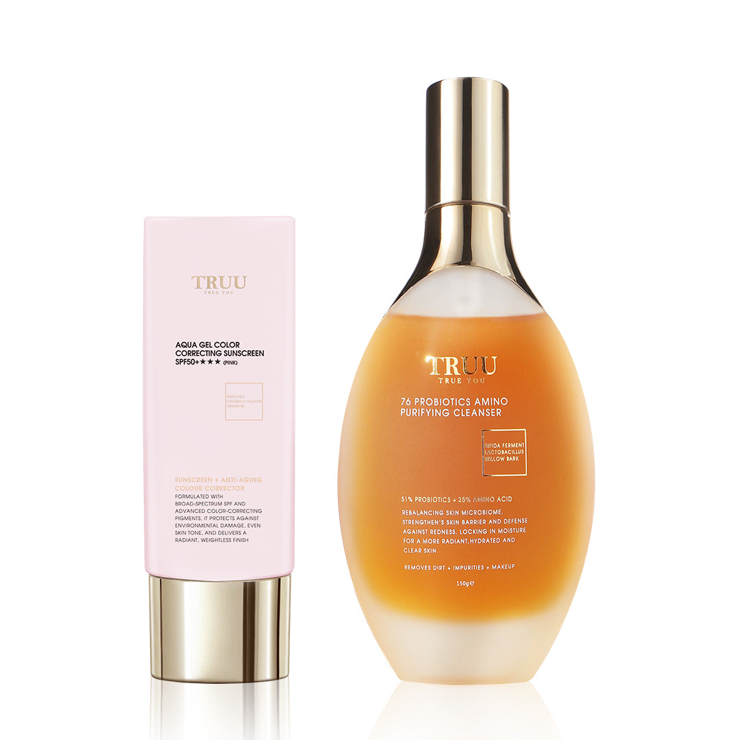 TRUU 76 Probiotics Amino Purifying Cleanser + Aqua Gel Color Correcting Sunscreen SPF50+★★★ (3 colors) -50ml