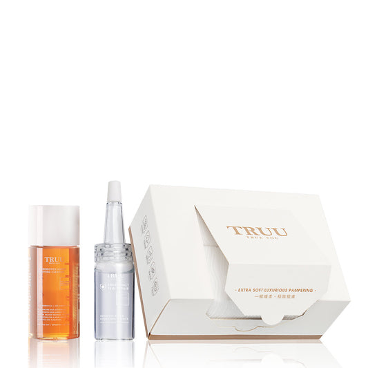 TRUU Extra Soft Luxury Cotton (100PCS) + 76 Cleanser -30g Travel Size + Hydrating Repair Essence -10ml Travel size
