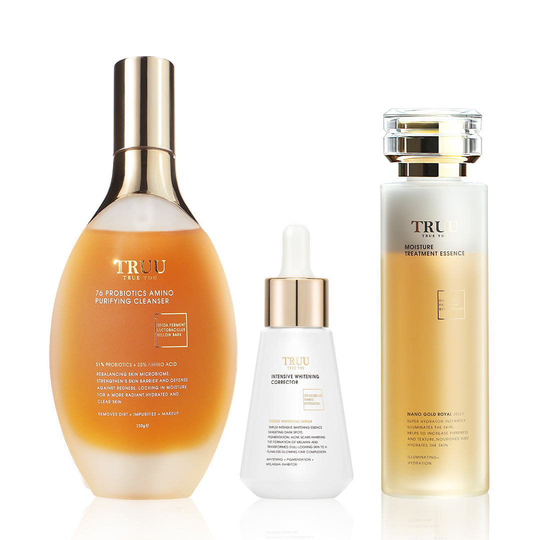 TRUU Intensive Whitening Dark Spot Corrector + 76 Cleanser + Royal Jelly Essence