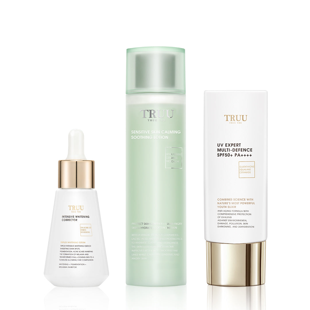 TRUU Sensitive Skin Calming Soothing Lotion + UV Expert Multi-Defence Aqua Fluid + Intensive Whitening Dark Spot Corrector